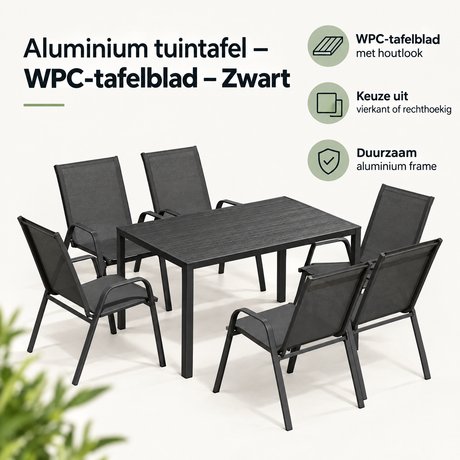 Zwart aluminium tuintafel met WPC-tafelblad van BukkitBow, modern en duurzaam voor buitengebruik