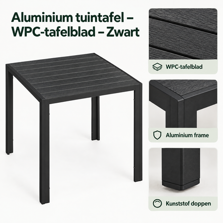 Zwart aluminium tuintafel met WPC-tafelblad, close-up van het materiaal en ontwerp van BukkitBow.