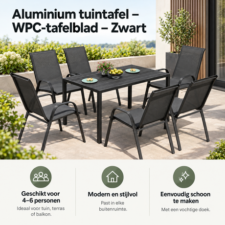 Zwarte aluminium tuintafel met WPC-tafelblad van BukkitBow, geschikt voor buitengebruik en moderne tuinmeubels.