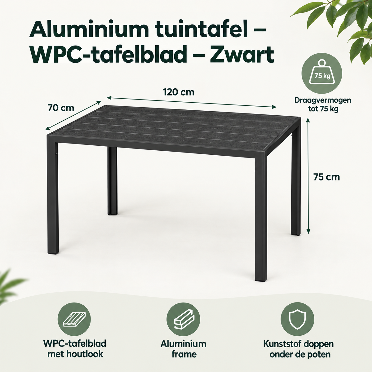 Zwarte aluminium tuintafel met WPC-tafelblad, geschikt voor buiten, door BukkitBow, duidelijke maatvoering en specificaties.