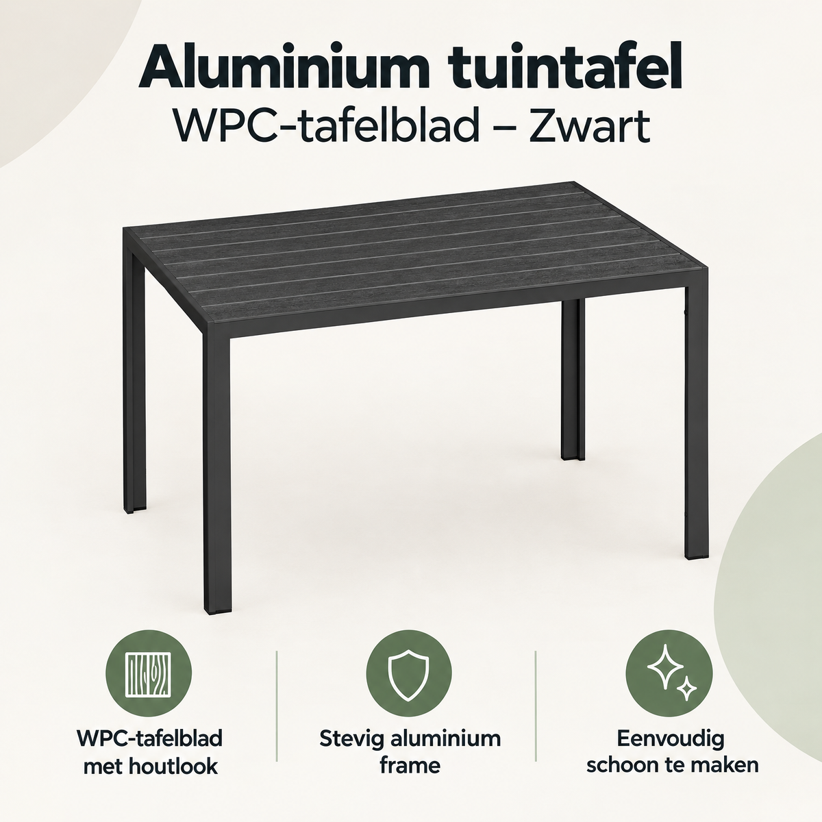 Zwarte aluminium tuintafel met WPC-tafelblad van BukkitBow, geschikt voor buiten, duurzaam en modern design.