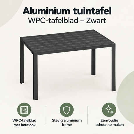 Zwarte aluminium tuintafel met WPC-tafelblad van BukkitBow, geschikt voor buiten, duurzaam en modern design.