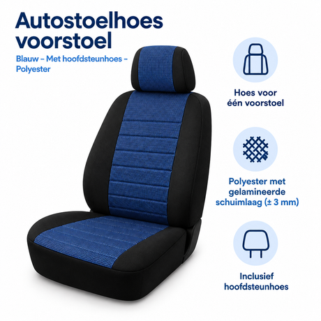 Blauwe autostoelhoes voorstoel van polyester met hoofdsteunhoes, geschikt voor BukkitBow autostoelhoezen, beschermt en verlengt de levensduur.