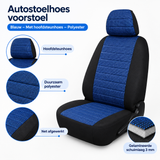 Detail van materiaal en afwerking van autostoelhoes voorstoel
