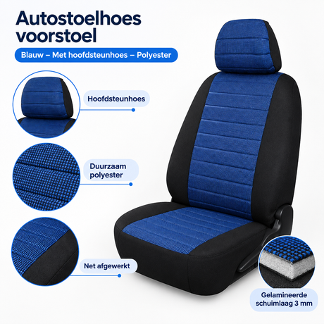 Blauwe autostoelhoes voorstoel van polyester met hoofdsteunhoes, geschikt voor BukkitBow autostoelhoes voorstoel.