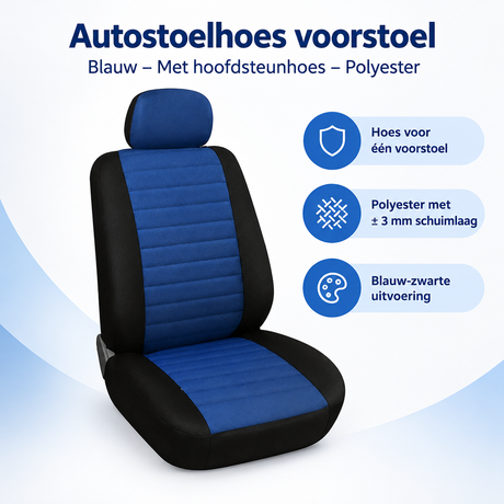 Blauwe autostoelhoes voorstoel van polyester met hoofdsteunhoes, geschikt voor BukkitBow autostoelhoezen, overzicht van kernvoordelen