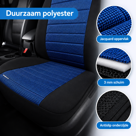 Set van 2 universele polyester autostoelhoezen voor voorstoelen, zichtbaar op autostoelen met details en textuur.