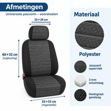 Set van 2 autobodemhoezen voorstoelen van polyester, universele pasvorm, zichtbaar op de afbeelding.