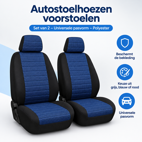 Set van 2 universele autostoelhoezen voorstoelen van polyester, beschermt en past op verschillende autostoelen.