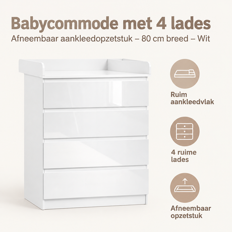 Witte babycommode met 4 lades en afneembaar aankleedopzetstuk van BukkitBow, 80 cm breed, praktische opbergoplossing voor baby's.