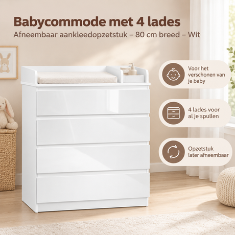 Witte Babycommode met 4 lades en afneembaar aankleedopzetstuk, 80 cm breed, van BukkitBow, praktische opbergoplossing voor baby's kamer.