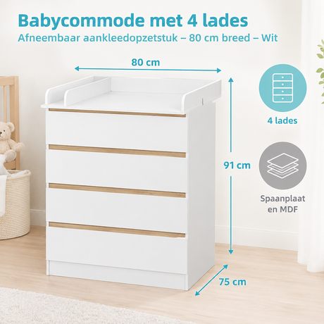 Witte Babycommode van BukkitBow met 4 lades en afneembaar aankleedopzetstuk, 80 cm breed voor babyverzorging.