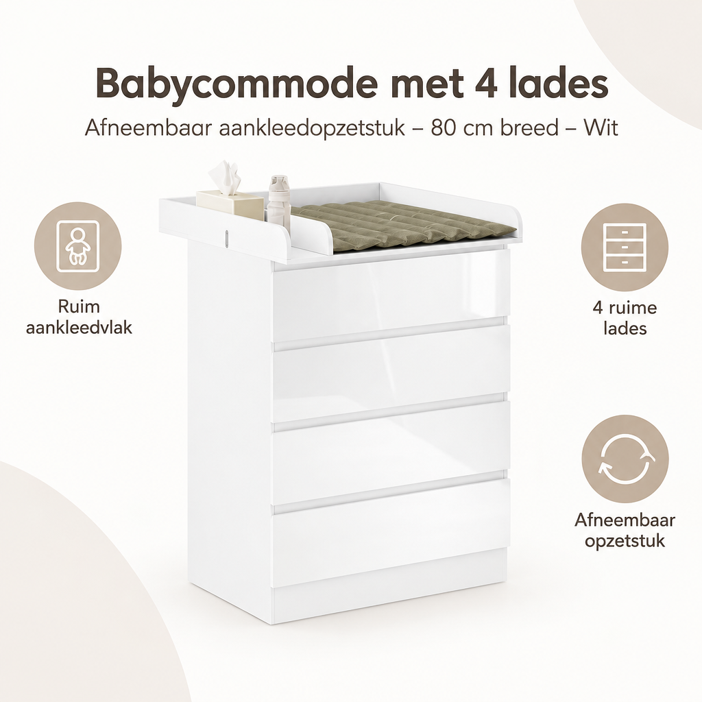 Overzicht van babycommode met 4 lades met de belangrijkste productvoordelen