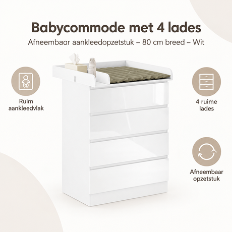 Witte Babycommode met 4 lades en afneembaar aankleedopzetstuk, 80 cm breed, van BukkitBow, overzicht van kernvoordelen.