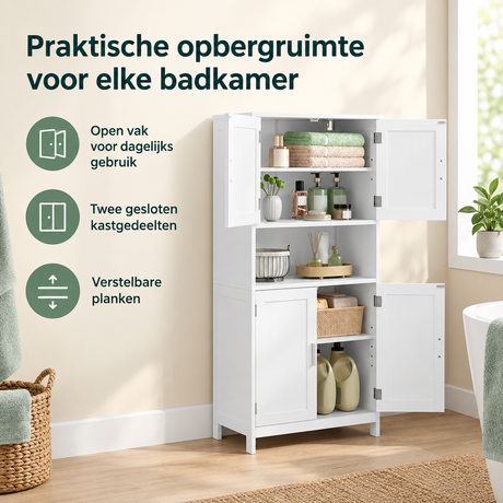 Witte badkamerkast van BukkitBow met open vak en verstelbare planken, afmetingen 60x30x120 cm, praktische opbergoplossing