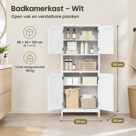 Witte badkamerkast van BukkitBow met open vak en verstelbare planken, afmetingen 60x30x120 cm, voor opbergoplossingen.