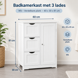 Afmetingen en productspecificaties van badkamerkast met 3 lades