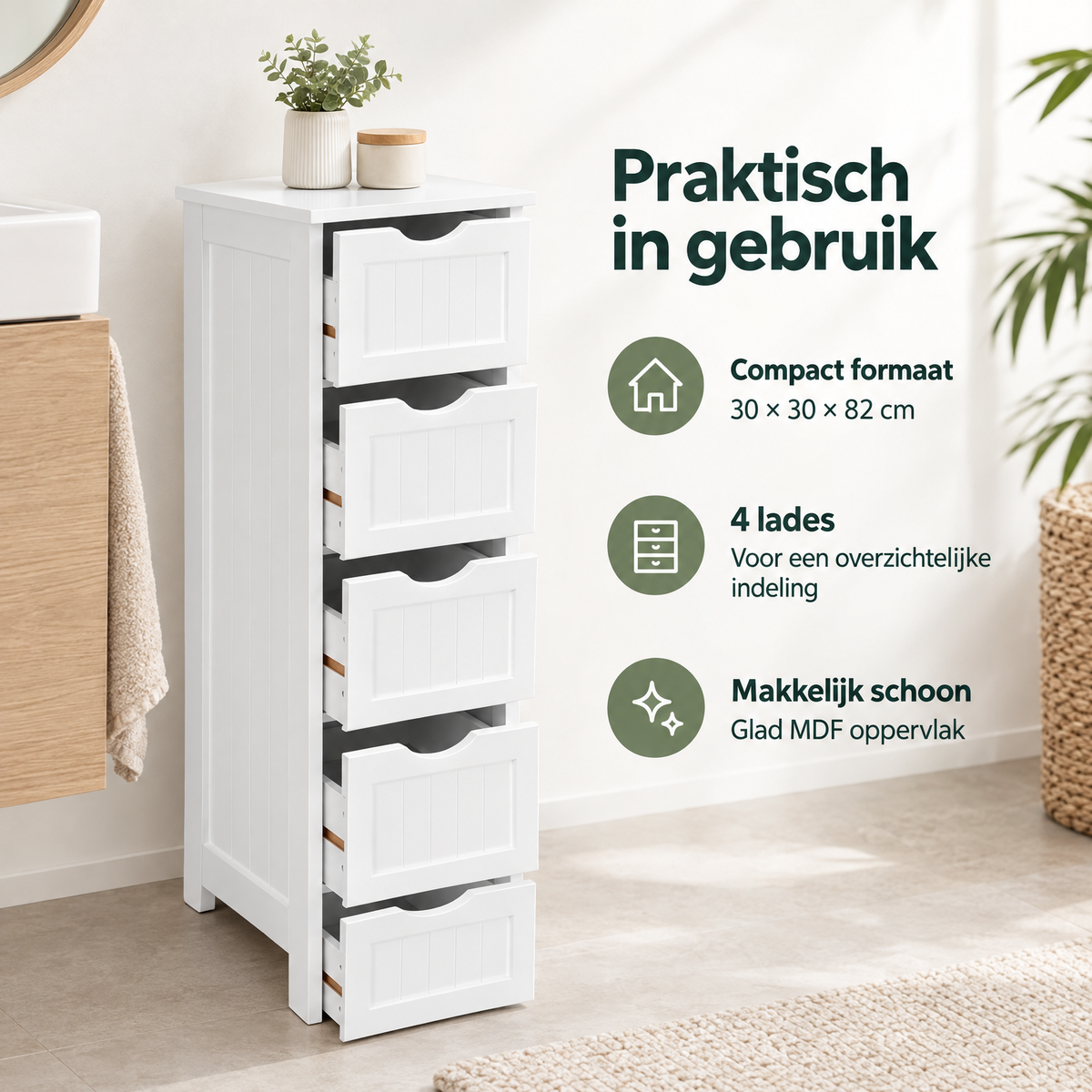 Witte badkamerkast met 4 lades van BukkitBow, vrijstaand, 30x30x82 cm, praktische opbergruimte voor badkamer.