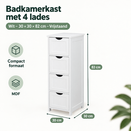 Witte badkamerkast met 4 lades, vrijstaand, afmetingen 30x30x82 cm, van BukkitBow, geschikt voor badkameropbergruimte.