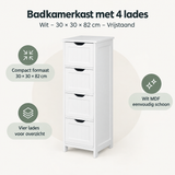 Witte badkamerkast met 4 lades, vrijstaand, 30x30x82 cm, van BukkitBow, overzicht van kernvoordelen.