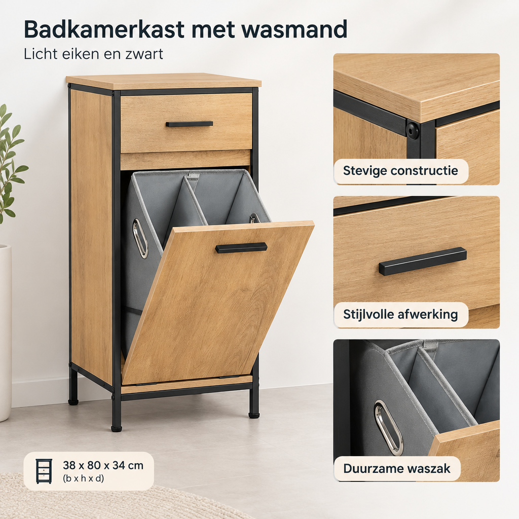 Detail van materiaal en afwerking van badkamerkast met wasmand