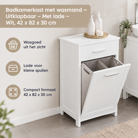 Witte badkamerkast met wasmand, uitklapbare deur en lade, afmetingen 42x82x30 cm, van BukkitBow, praktische opbergruimte.