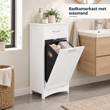 Witte badkamerkast met wasmand en lade van BukkitBow, uitklapbaar, 42x82x30 cm, geschikt voor badkameropslag en organisatie