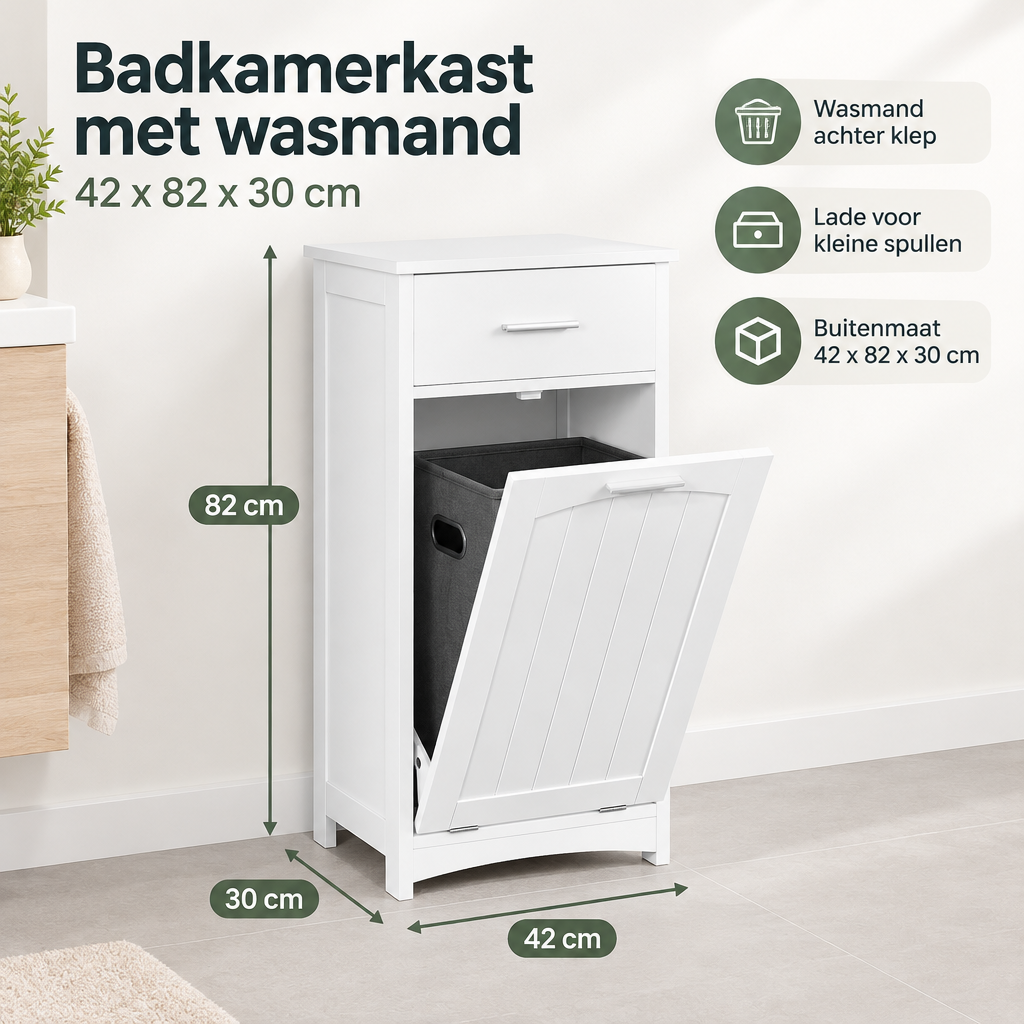 Afmetingen en productspecificaties van badkamerkast met wasmand
