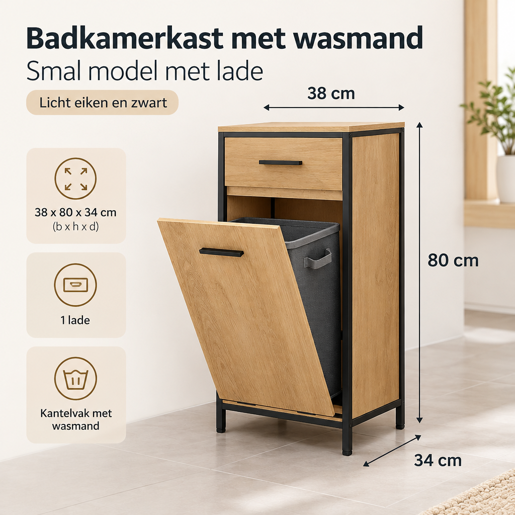 Afmetingen en productspecificaties van badkamerkast met wasmand
