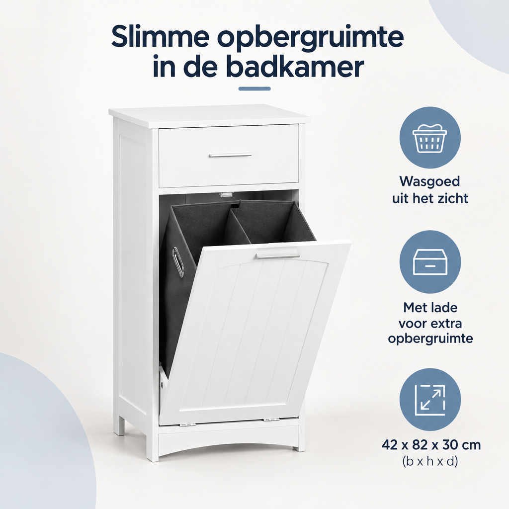Overzicht van badkamerkast met wasmand met de belangrijkste productvoordelen