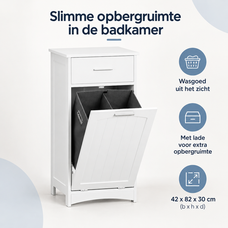 Witte badkamerkast met wasmand en lade van BukkitBow, uitklapbaar en compact, afmetingen 42x82x30 cm, overzicht van kernvoordelen.