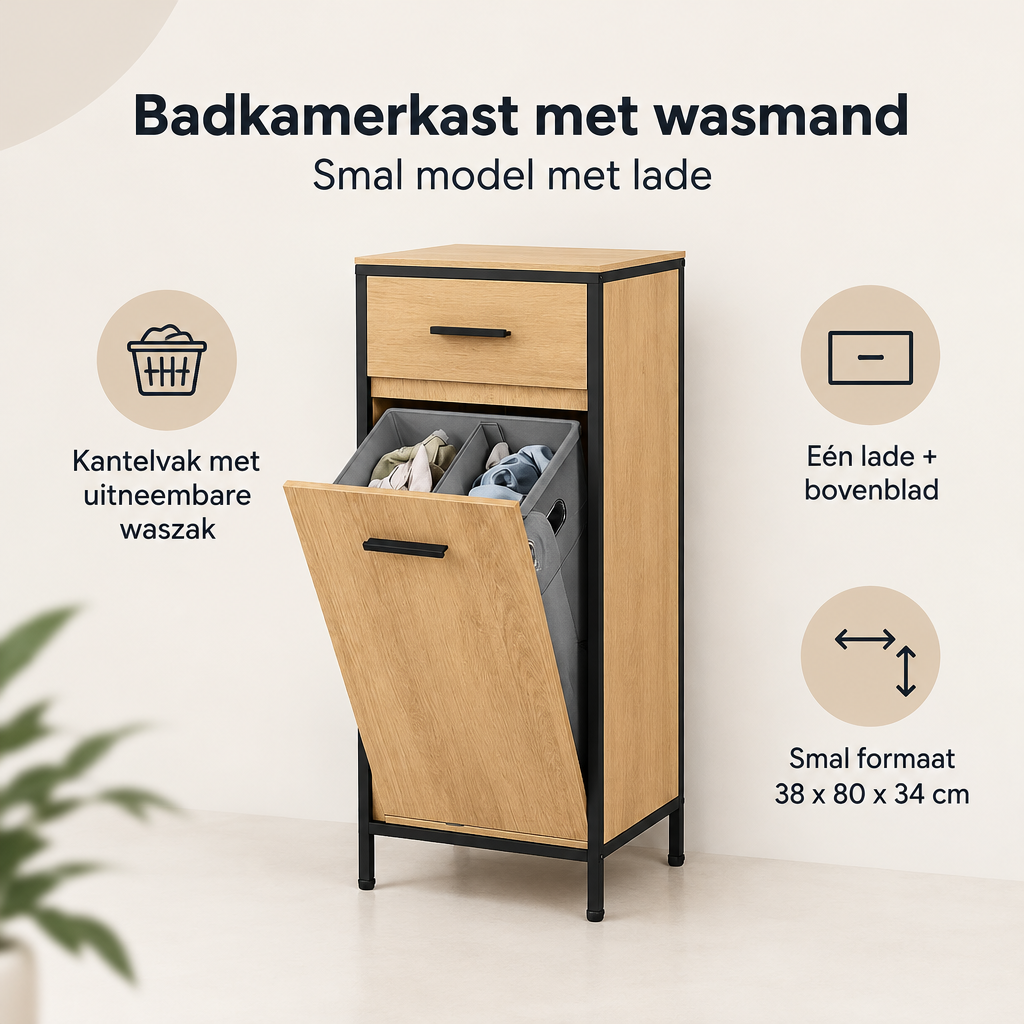 Overzicht van badkamerkast met wasmand met de belangrijkste productvoordelen