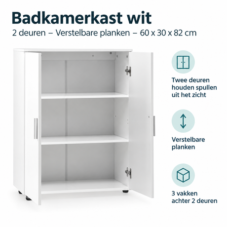 Witte badkamerkast van BukkitBow met 2 deuren en verstelbare planken, afmetingen 60x30x82 cm, geschikt voor opbergruimte.