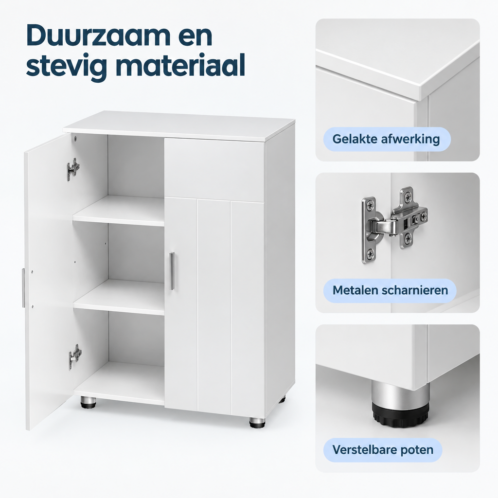 Detail van materiaal en afwerking van badkamerkast wit