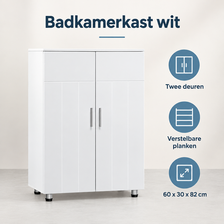 Witte badkamerkast van BukkitBow met 2 deuren en verstelbare planken, afmetingen 60x30x82 cm, overzicht van kernvoordelen