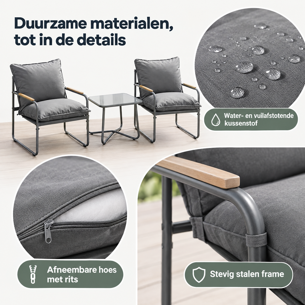 Balkonset voor 2 personen met grijze stoelen, kussens en glazen tafel, van BukkitBow.