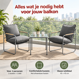 Balkonset voor 2 personen met grijze stoelen, kussens en een glazen tafel, inclusief praktische keuzehulp van BukkitBow.