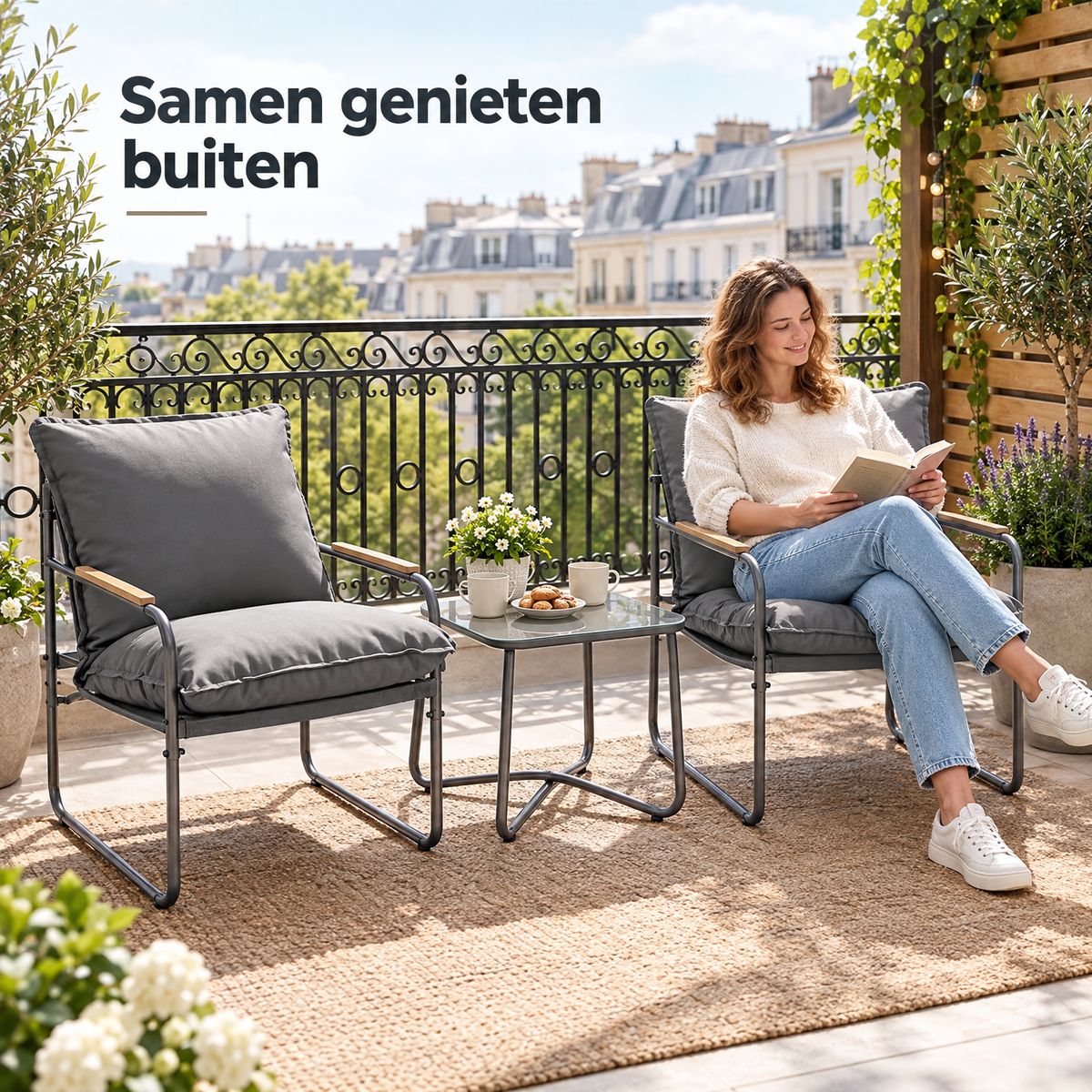 Balkonset voor 2 personen van BukkitBow, 3-delig met grijze kussens en glazen tafel, geschikt voor buitengebruik.