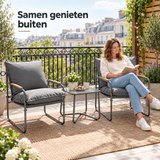 Balkonset voor 2 personen van BukkitBow, 3-delig met grijze kussens en glazen tafel, geschikt voor buitengebruik.