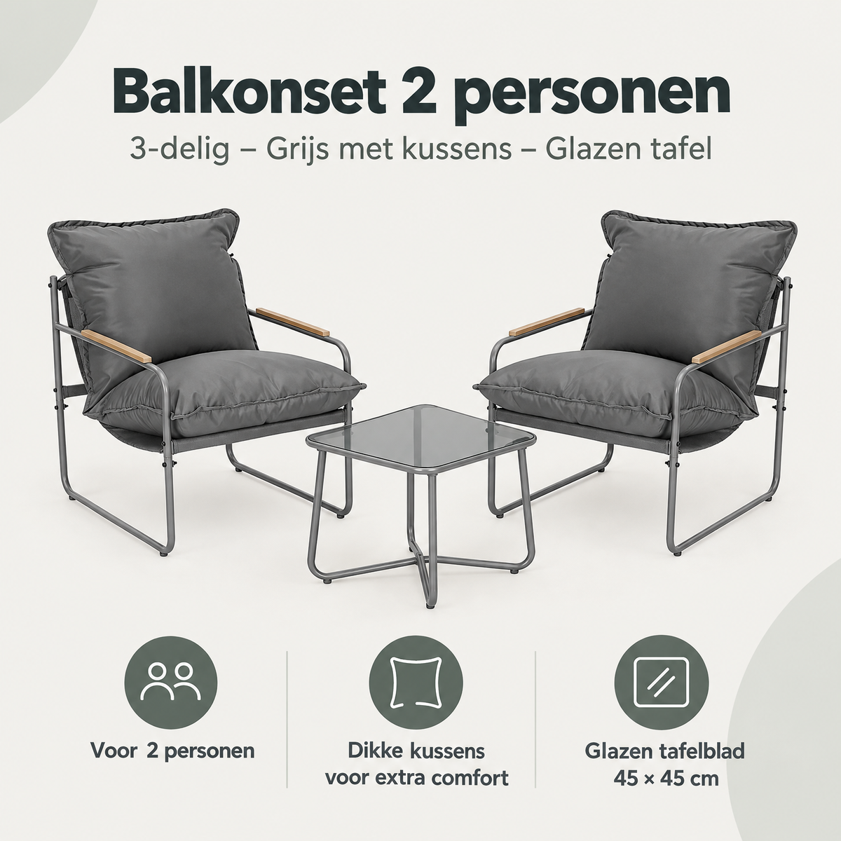 Balkonset voor 2 personen van BukkitBow, 3-delig met grijze stoelen, kussens en glazen tafel, geschikt voor buitengebruik.