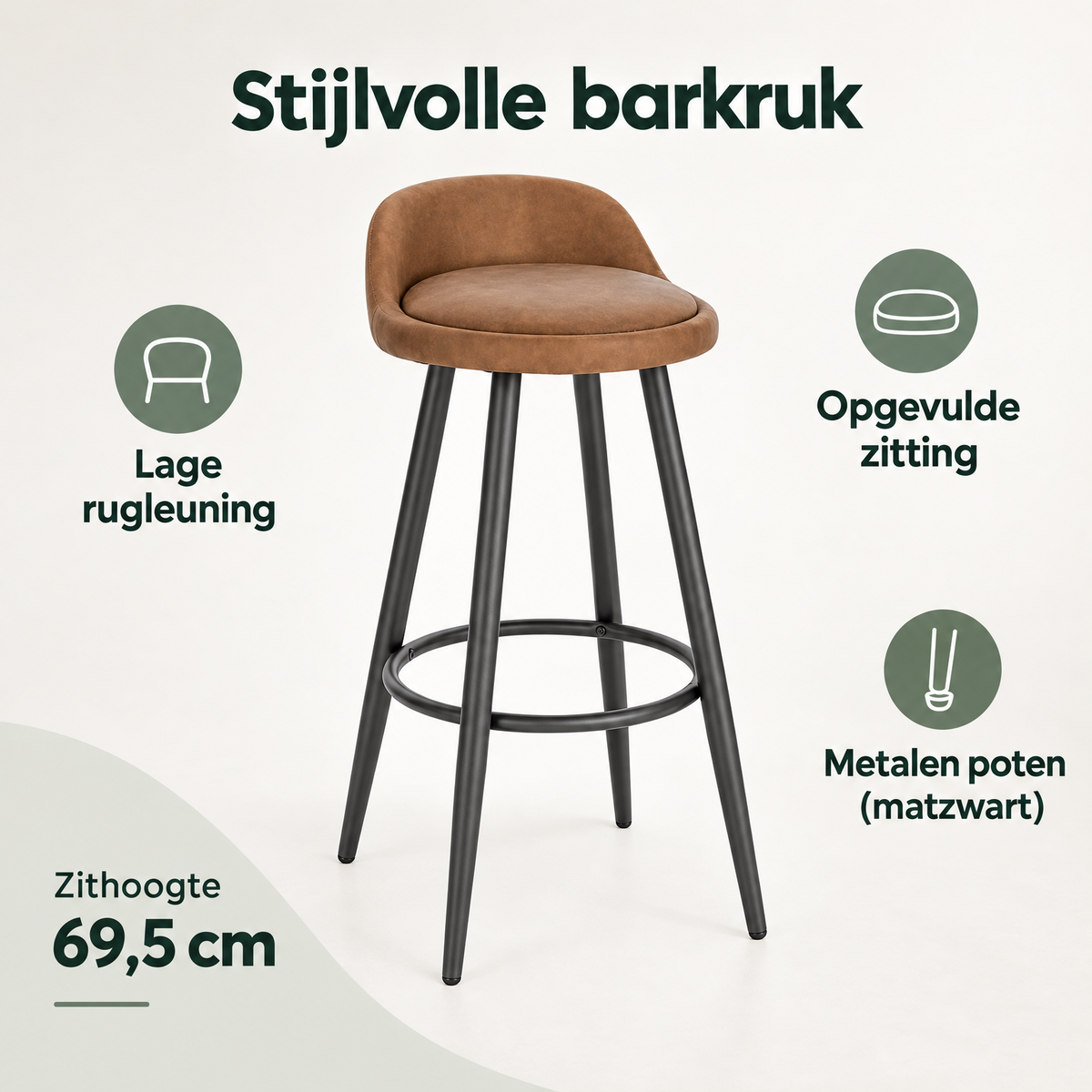 Overzicht van barkruk met lage rugleuning met de belangrijkste productvoordelen