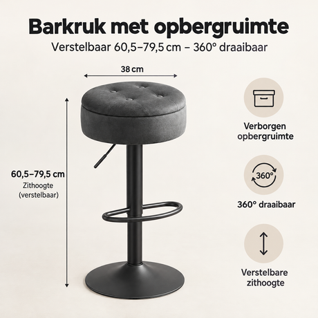 Afmetingen en productspecificaties van barkruk met opbergruimte