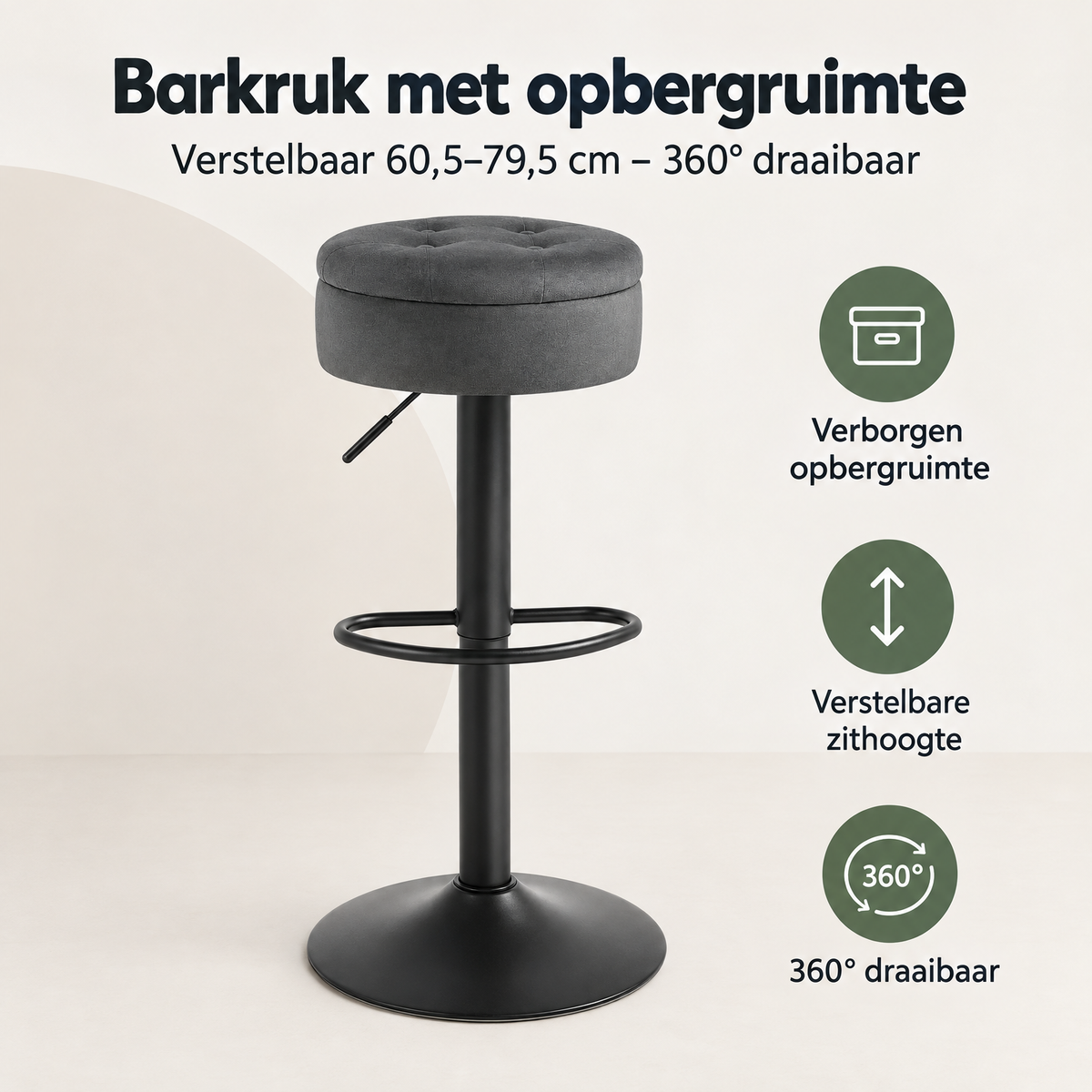 Overzicht van barkruk met opbergruimte met de belangrijkste productvoordelen