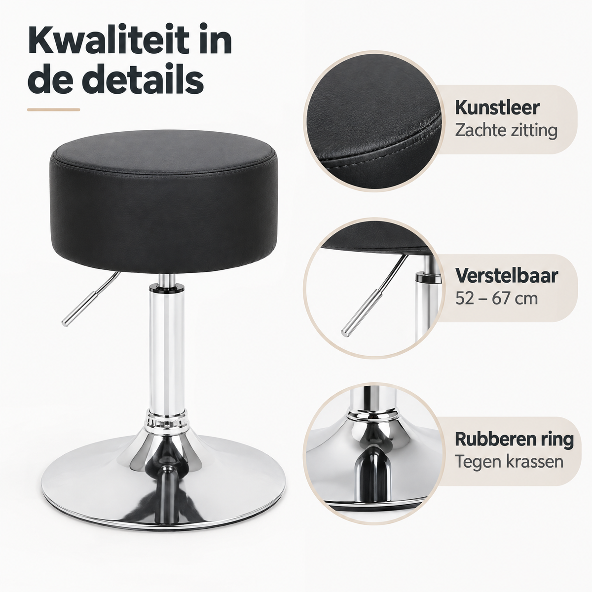 Detail van materiaal en afwerking van barkruk zonder rugleuning