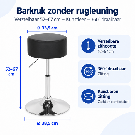 Afmetingen en productspecificaties van barkruk zonder rugleuning