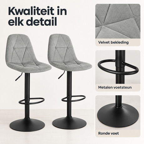Set van 2 barkrukken van velvet met rugleuning, draaibaar en verstelbare zithoogte van 60-81 cm, door BukkitBow