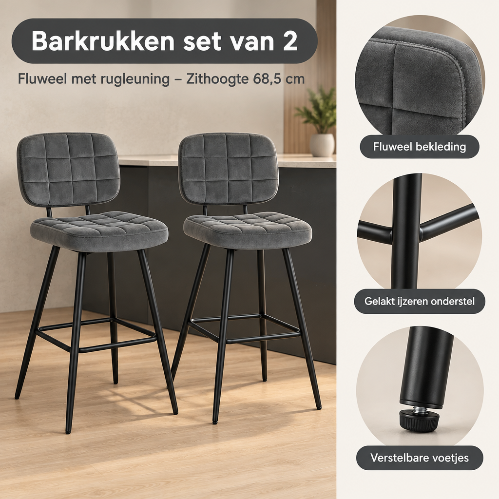 Detail van materiaal en afwerking van barkrukken set van 2