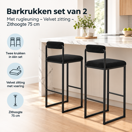 Set van 2 barkrukken met rugleuning, velvet zitting en zithoogte van 75 cm, van BukkitBow.