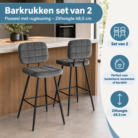 Set van 2 barkrukken van fluweel met rugleuning, zithoogte 68,5 cm, door BukkitBow, stijlvolle en comfortabele zitopties.