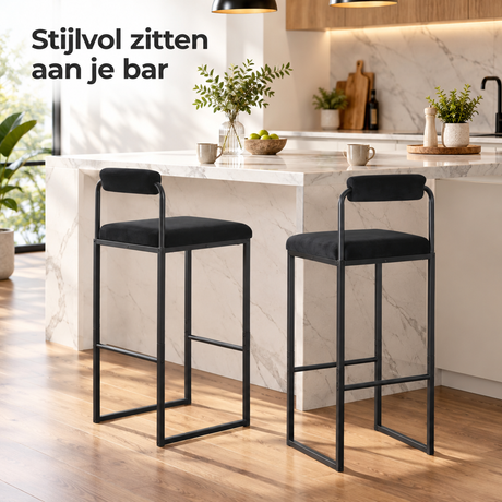 Set van 2 barkrukken van BukkitBow met velvet zitting en rugleuning, zithoogte 75 cm, geschikt voor keuken of bar.